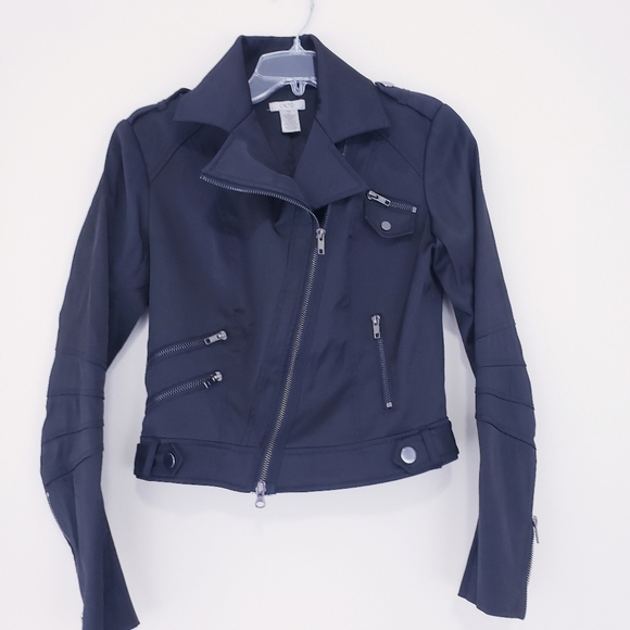 Caché Cropped Black Motorcyle Biker Jacket Polyester Size XS Cache - Picture 2 of 6